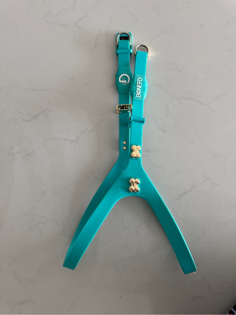 Bonefly Teal Silicone Dog Harness size Large Gold bones
